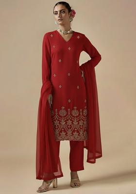Red Embroidered Silk Blended Pakistani Suit Set