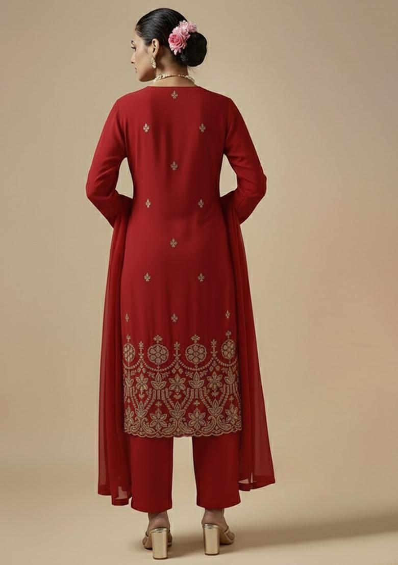 Red Embroidered Silk Blended Pakistani Suit Set - Indya