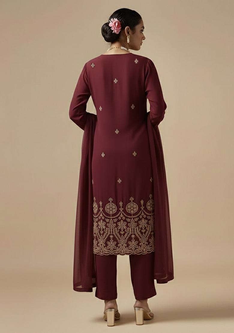 Wine Embroidered Silk Blended Pakistani Suit Set - Indya
