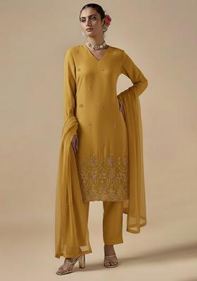 Mustard Embroidered Silk Blended Straight Kurta Set