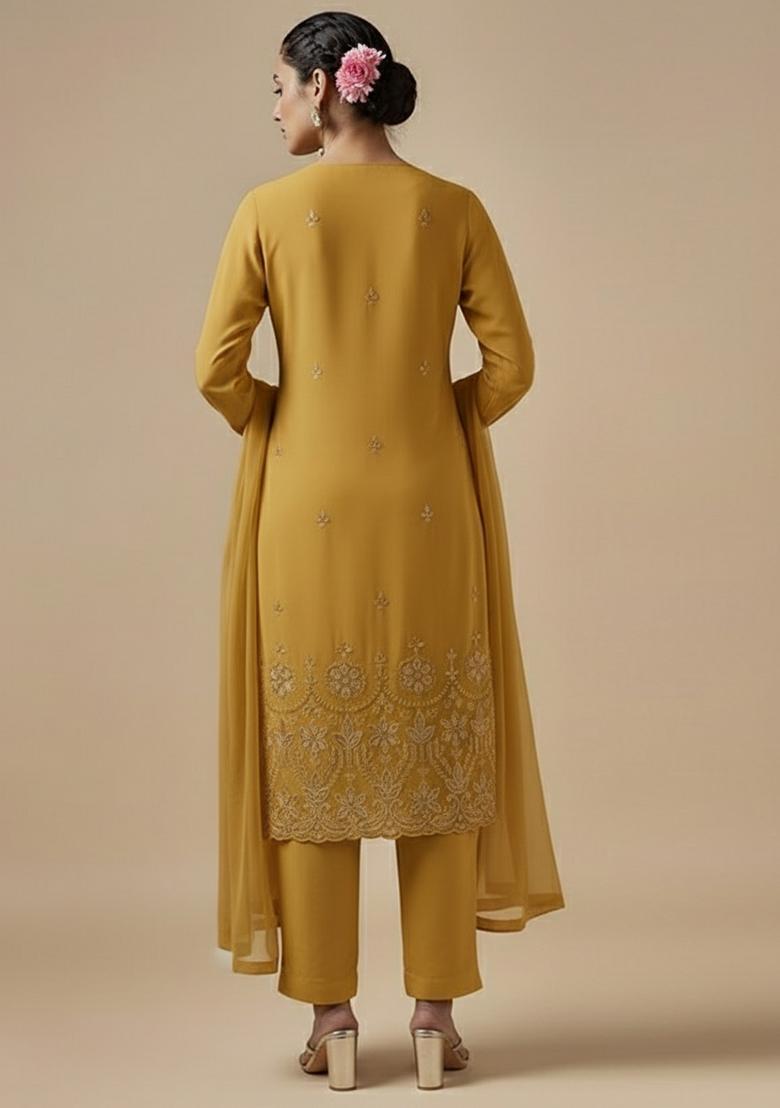 Mustard Embroidered Silk Blended Straight Kurta Set - Indya