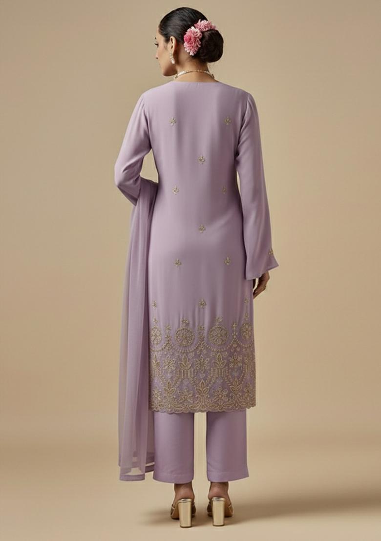 Lavender Embroidered Silk Blended Straight Kurta Set - Indya