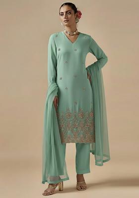Mint Green Embroidered Silk Blended Pakistani Suit Set