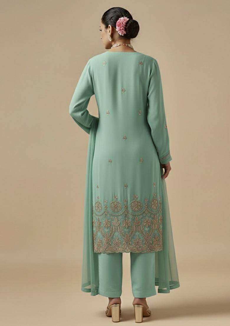 Mint Green Embroidered Silk Blended Pakistani Suit Set - Indya