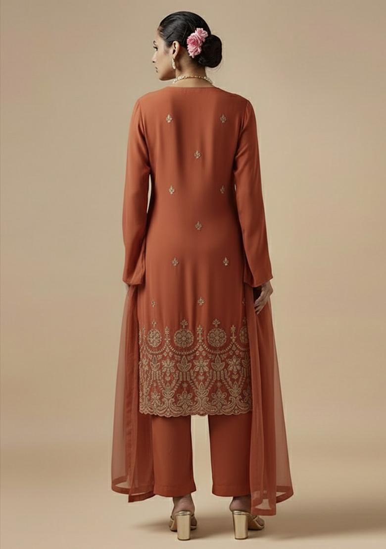 Rust Embroidered Silk Blended Pakistani Suit Set - Indya