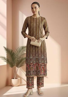 Brown Printed Crepe Straight Kurta Set