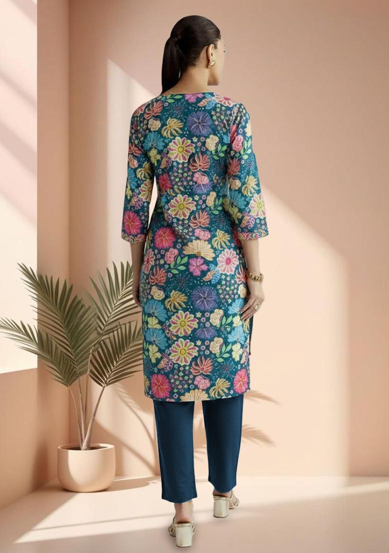 Navy Blue Floral Print Chinon Straight Kurta Set - Indya