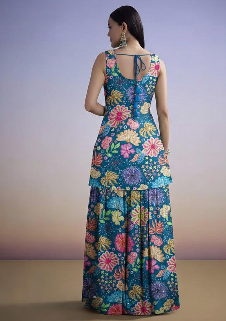 Teal Blue Floral Print Chinon Sharara Set - Indya