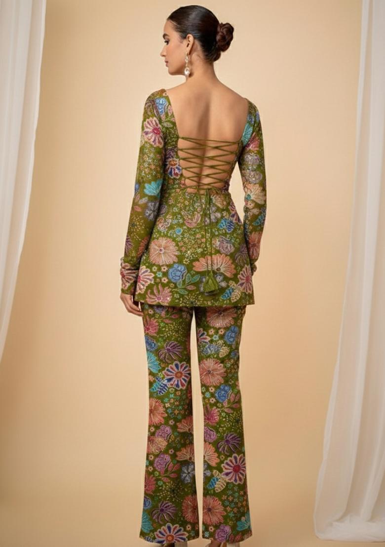 Olive Green Embroidered Chinon Pakistani Suit Set - Indya