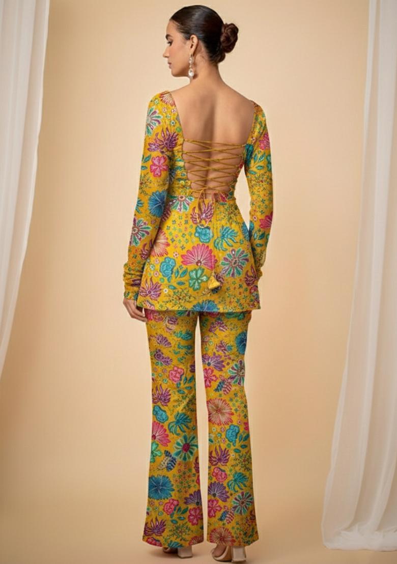 Mustard Floral Print Chinon Sharara Set - Indya
