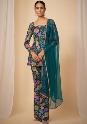 Teal Blue Embroidered Chinon Sharara Set