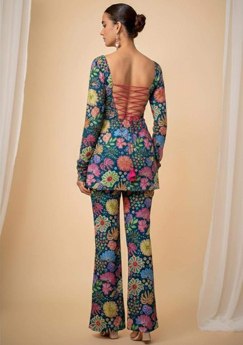 Teal Blue Embroidered Chinon Sharara Set - Indya