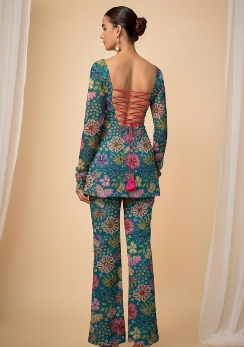 Aqua Blue Embroidered Chinon Pakistani Suit Set - Indya