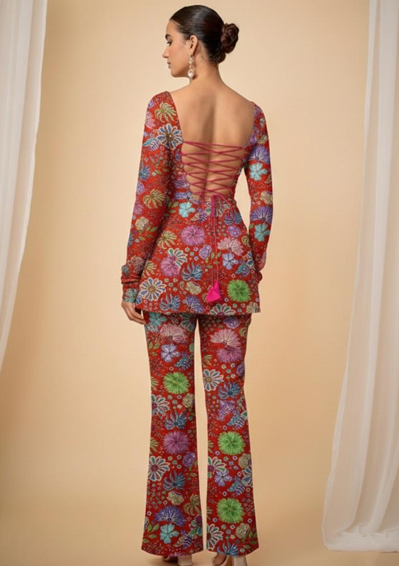Red Embroidered Chinon Pakistani Suit Set - Indya