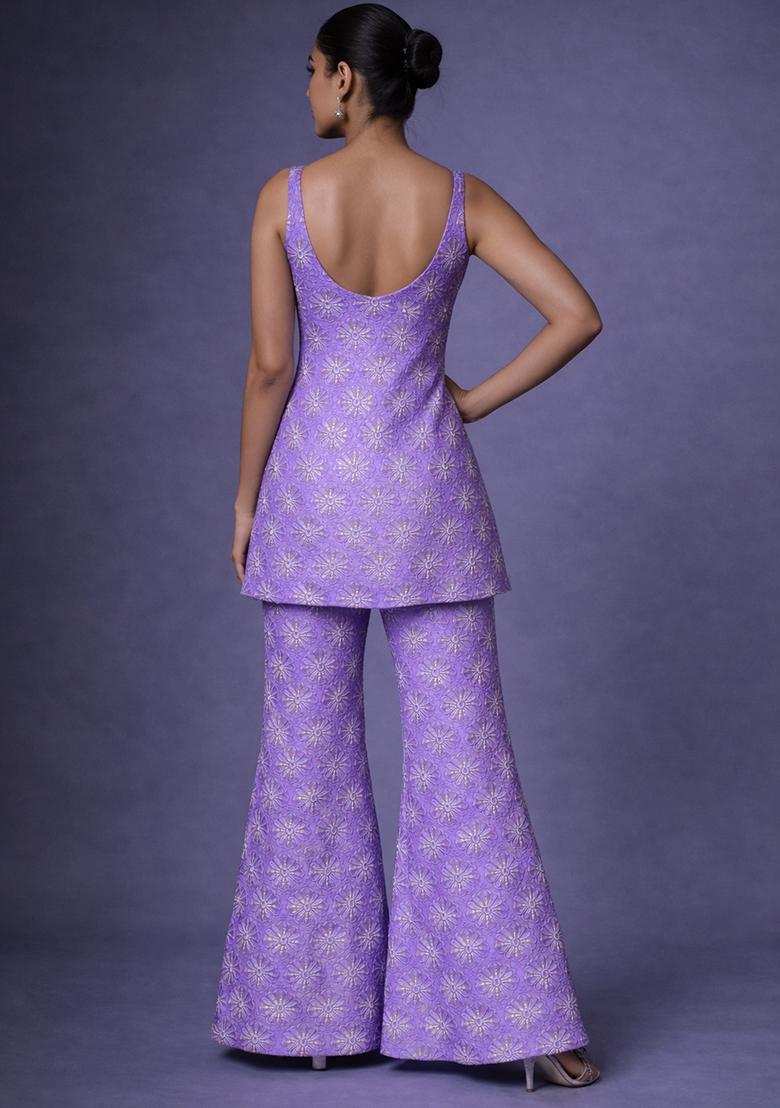 Lavender Sequin Silk Blend Sharara Set - Indya