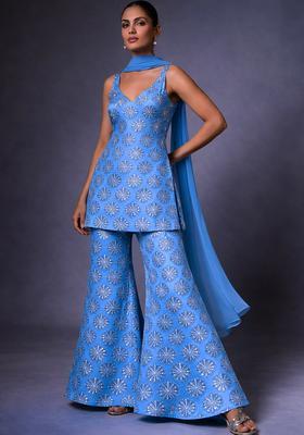 Blue Sequin Silk Blend Sharara Set