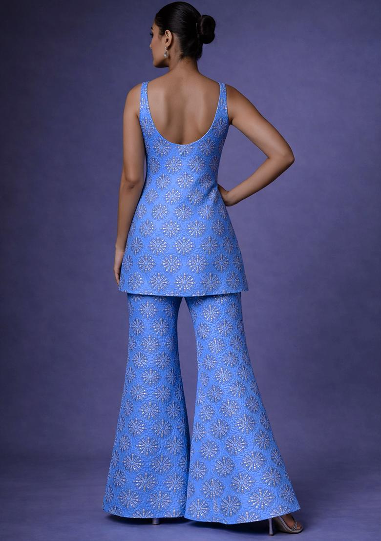 Blue Sequin Silk Blend Sharara Set - Indya