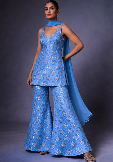 Blue Sequin Silk Blend Sharara Set