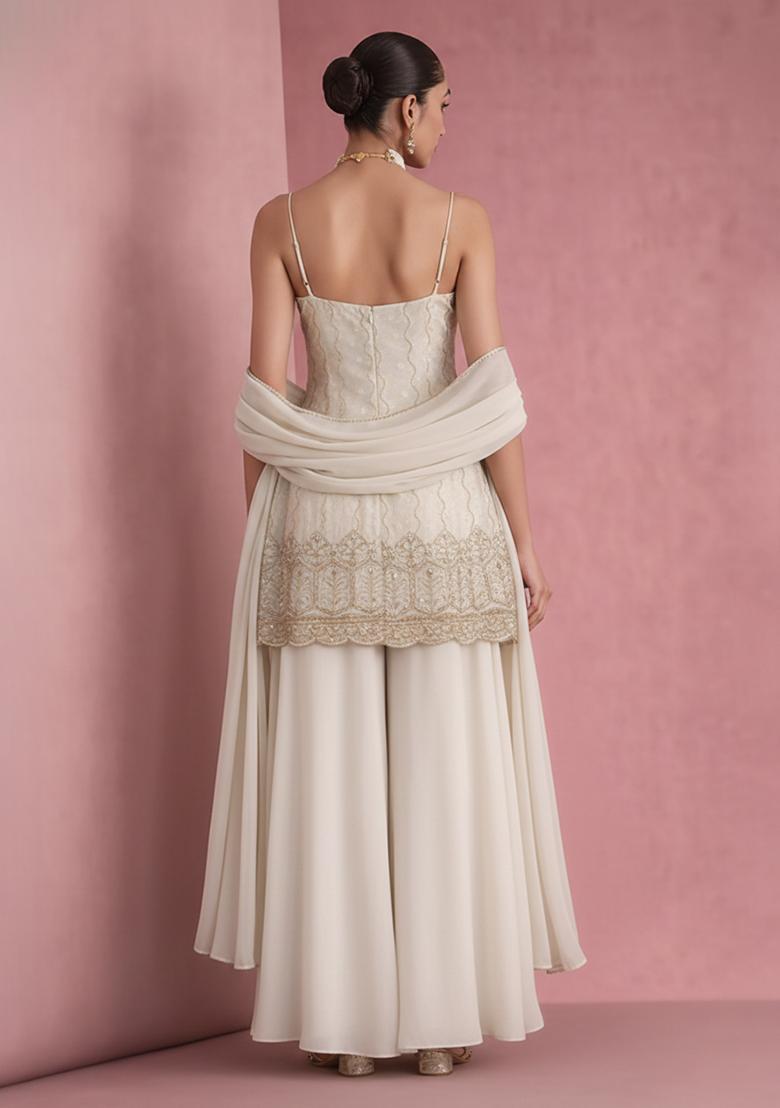 White Sequin Mesh Sharara Set - Indya