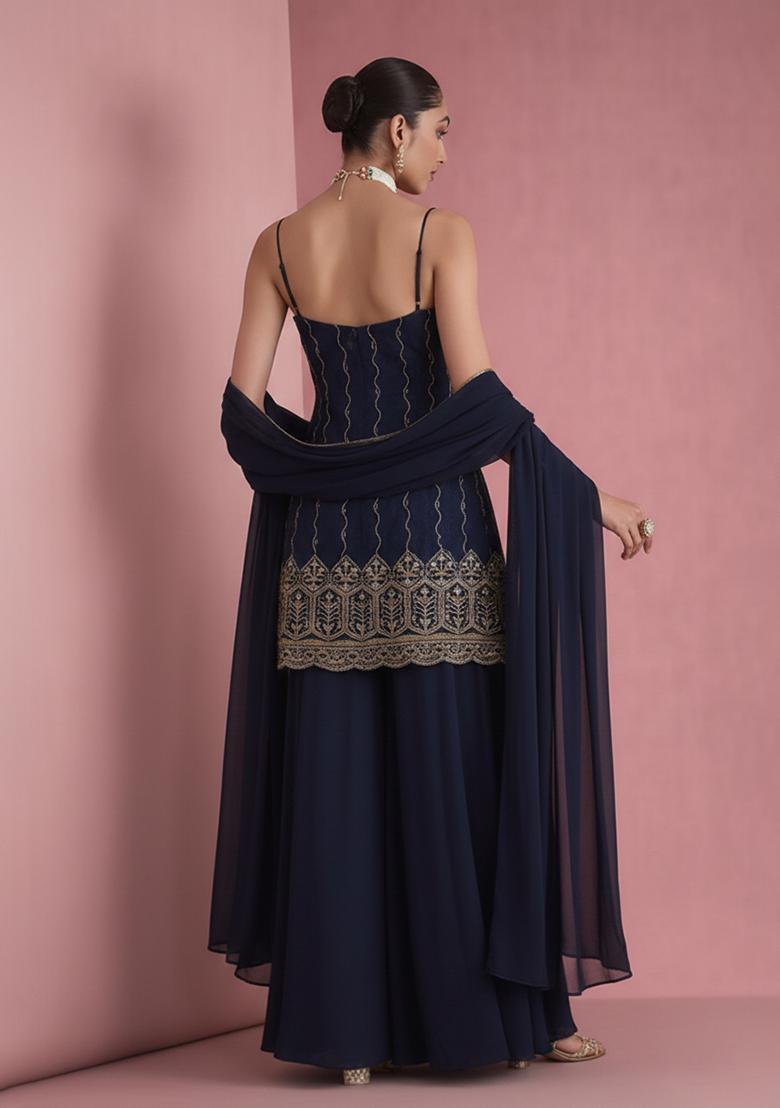 Midnight Blue Sequin Mesh Sharara Set - Indya
