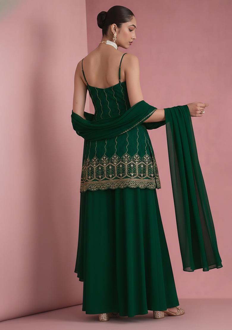 Bottle Green Sequin Mesh Sharara Set - Indya