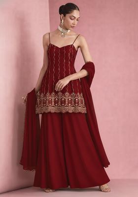 Red Sequin Mesh Sharara Set