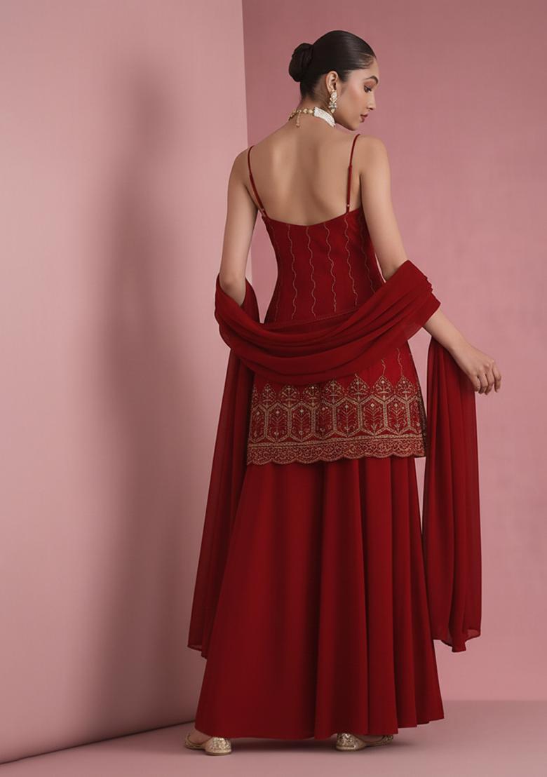 Red Sequin Mesh Sharara Set - Indya