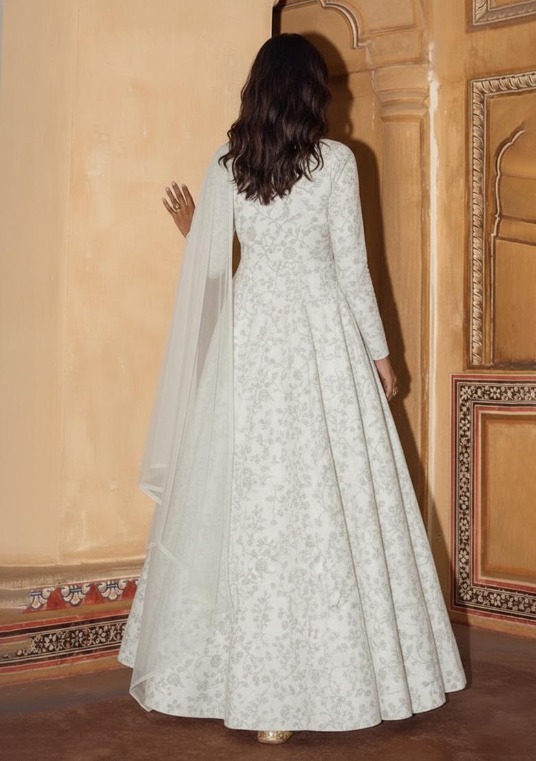 White Tissue Anarkali With Dupatta - Indya
