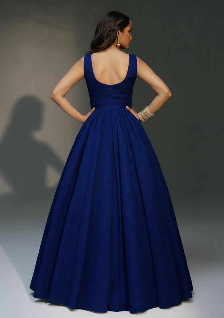 Navy Blue Tissue Anarkali With Dupatta - Indya