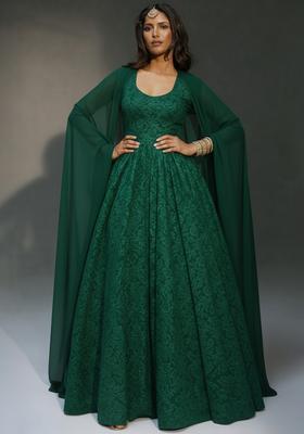 Bottle Green Tissue Anarkali With Dupatta