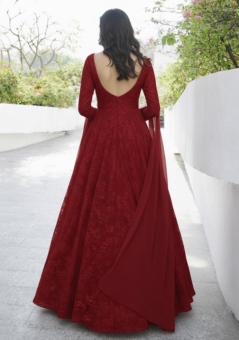 Deep Red Tissue Anarkali With Dupatta - Indya