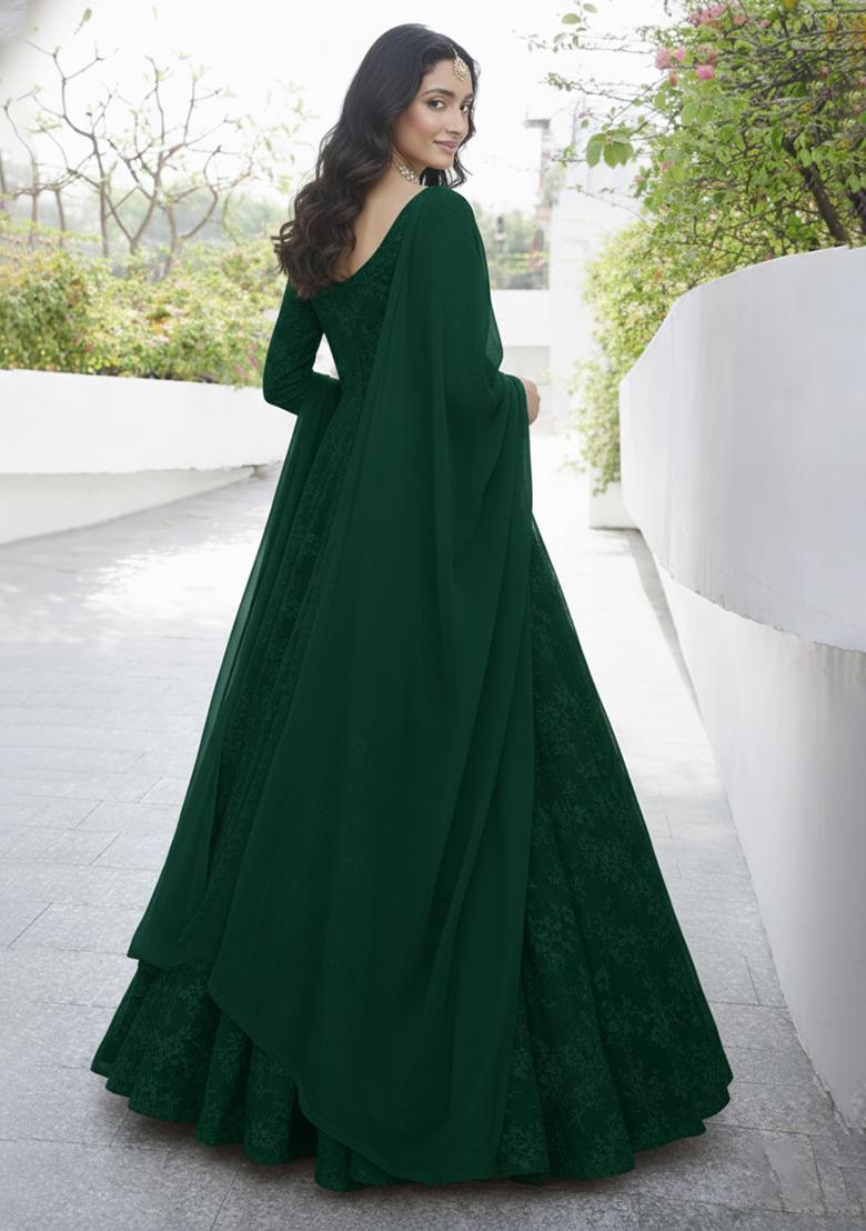 Bottle Green Tissue Anarkali With Dupatta - Indya