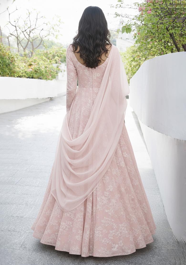 Blush Pink Tissue Anarkali With Dupatta - Indya