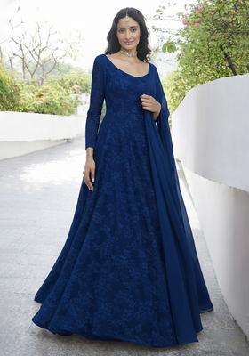 Deep Blue Tissue Anarkali With Dupatta