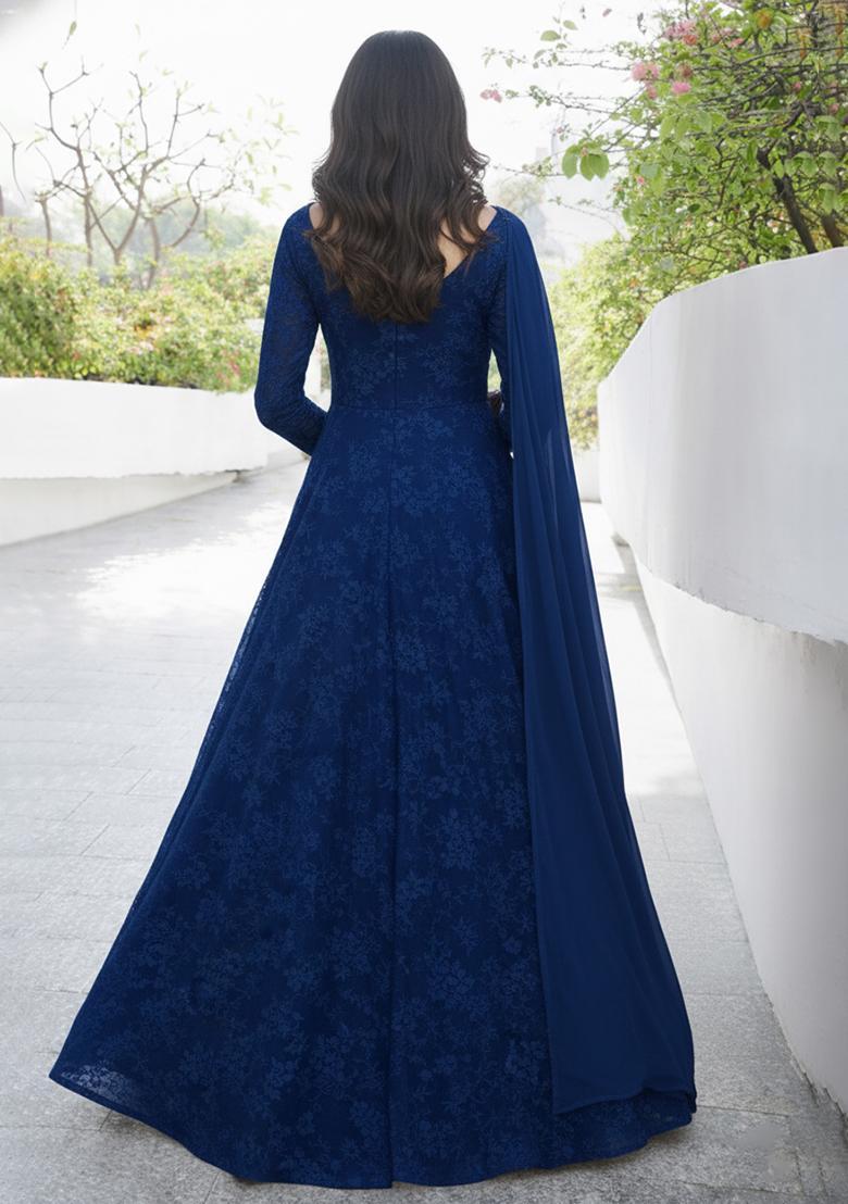 Deep Blue Tissue Anarkali With Dupatta - Indya