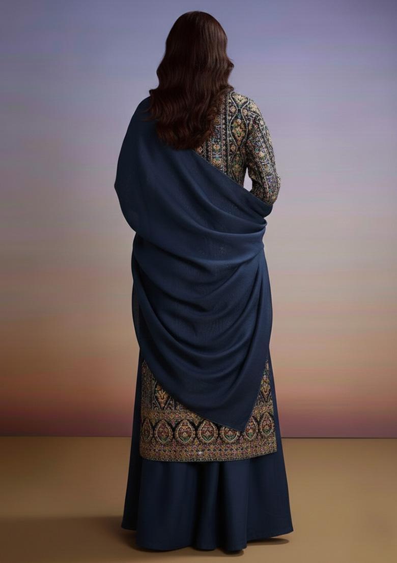 Midnight Blue Embroidered Crepe Sharara Set - Indya