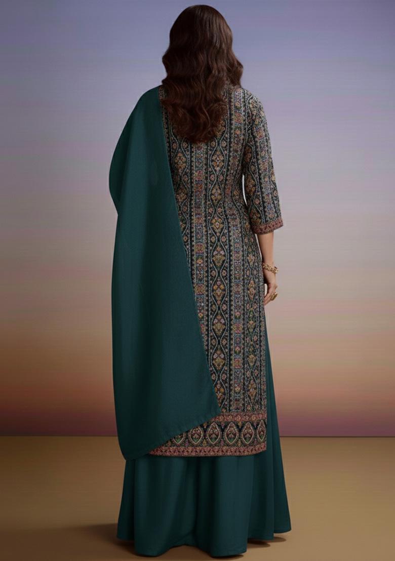 Bottle Green Embroidered Crepe Sharara Set - Indya