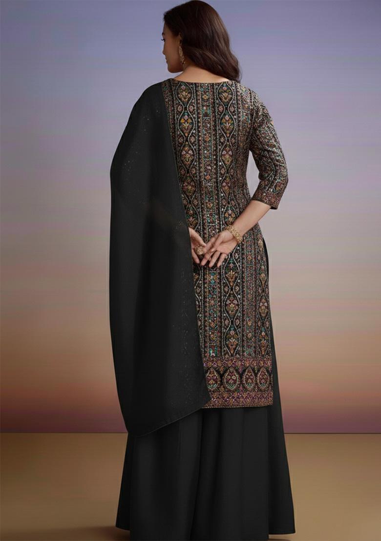 Black Embroidered Crepe Sharara Set - Indya