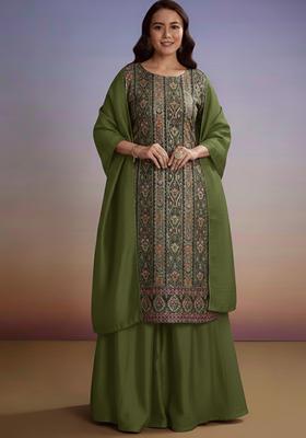 Olive Green Embroidered Crepe Sharara Set