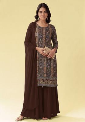 Brown Embroidered Crepe Sharara Set