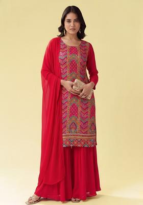 Pink Embroidered Crepe Sharara Set