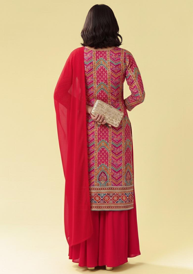 Pink Embroidered Crepe Sharara Set - Indya