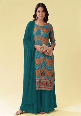Teal Green Embroidered Crepe Sharara Set