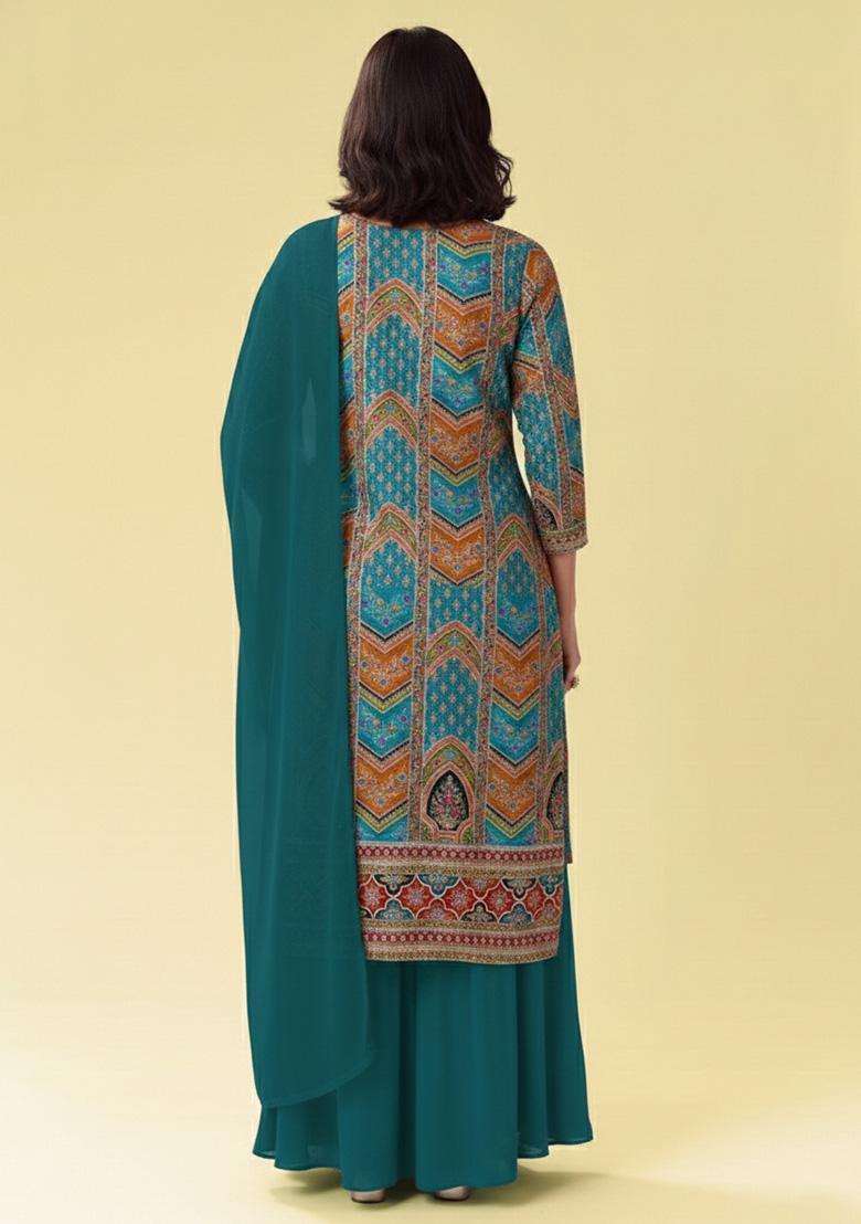 Teal Green Embroidered Crepe Sharara Set - Indya