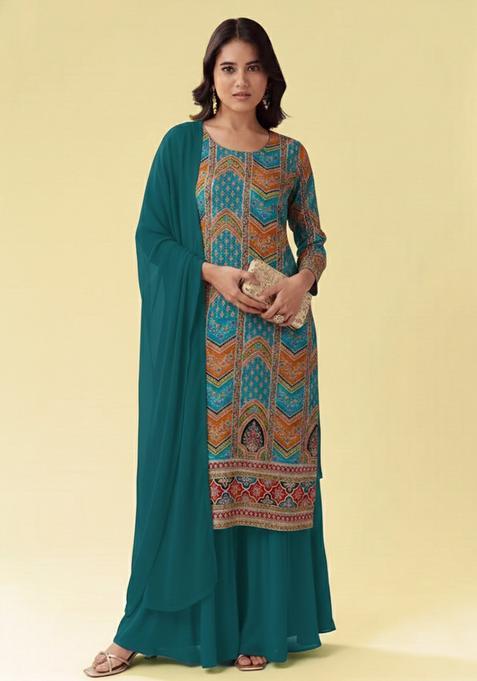 Teal Green Embroidered Crepe Sharara Set