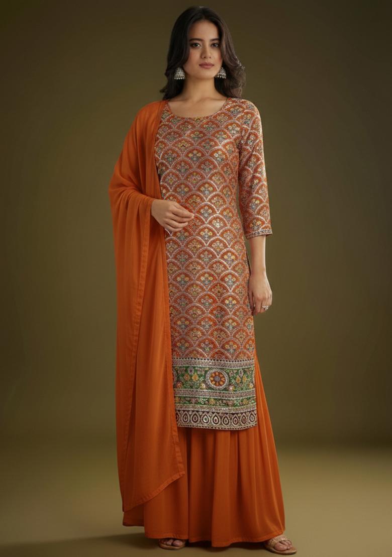 Orange Embroidered Crepe Sharara Set - Indya