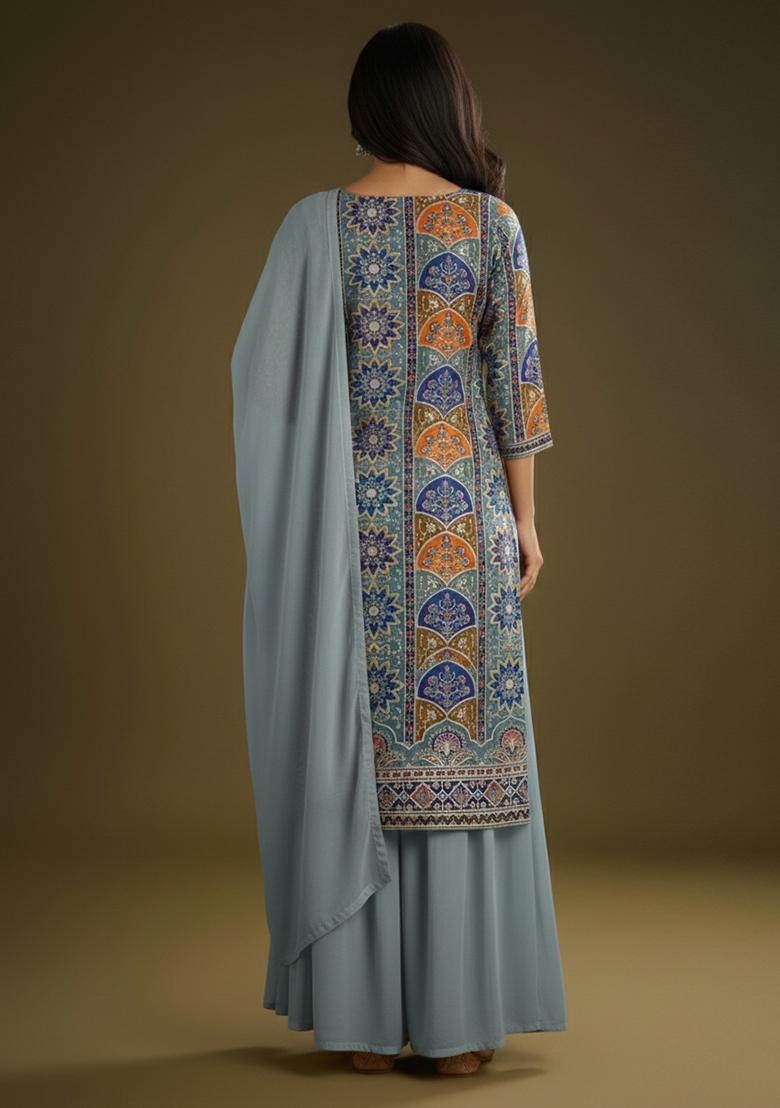 Dusty Blue Embroidered Crepe Sharara Set - Indya
