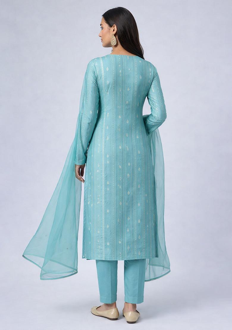 Ice Blue Chikankari Chanderi Straight Kurta Set - Indya