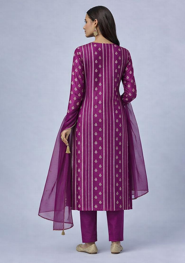 Purple Embroidered Chanderi Straight Kurta Set - Indya
