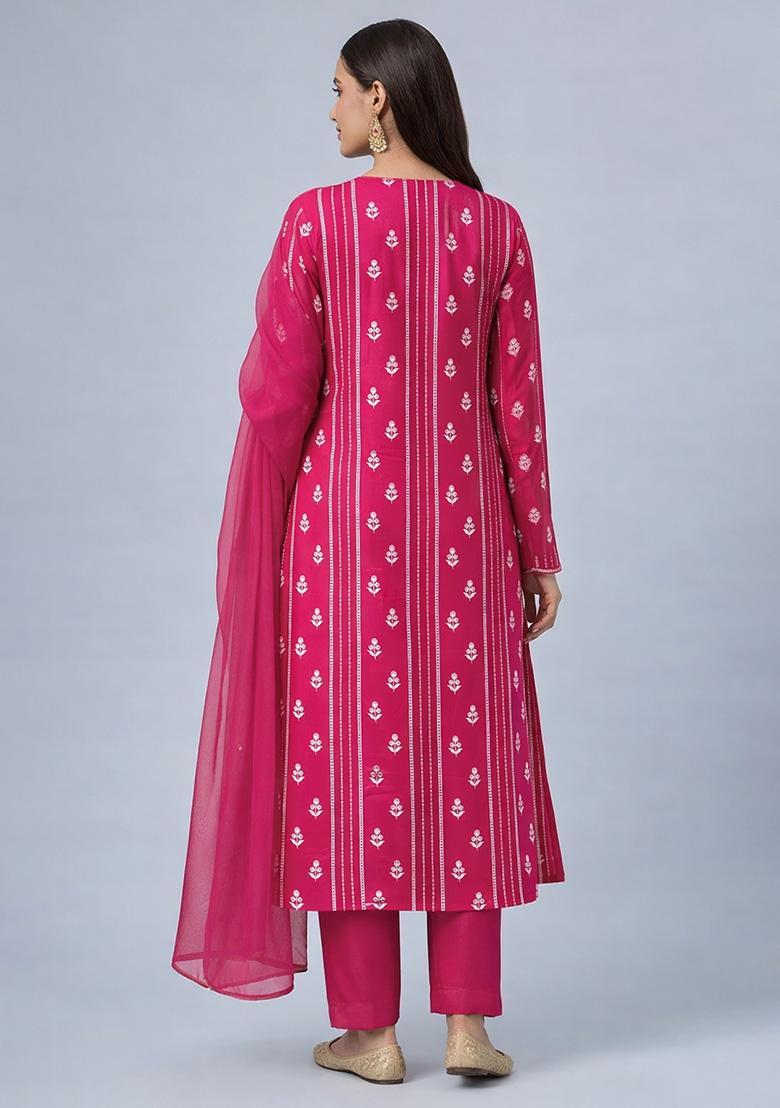 Pink Printed Chanderi Straight Kurta Set - Indya